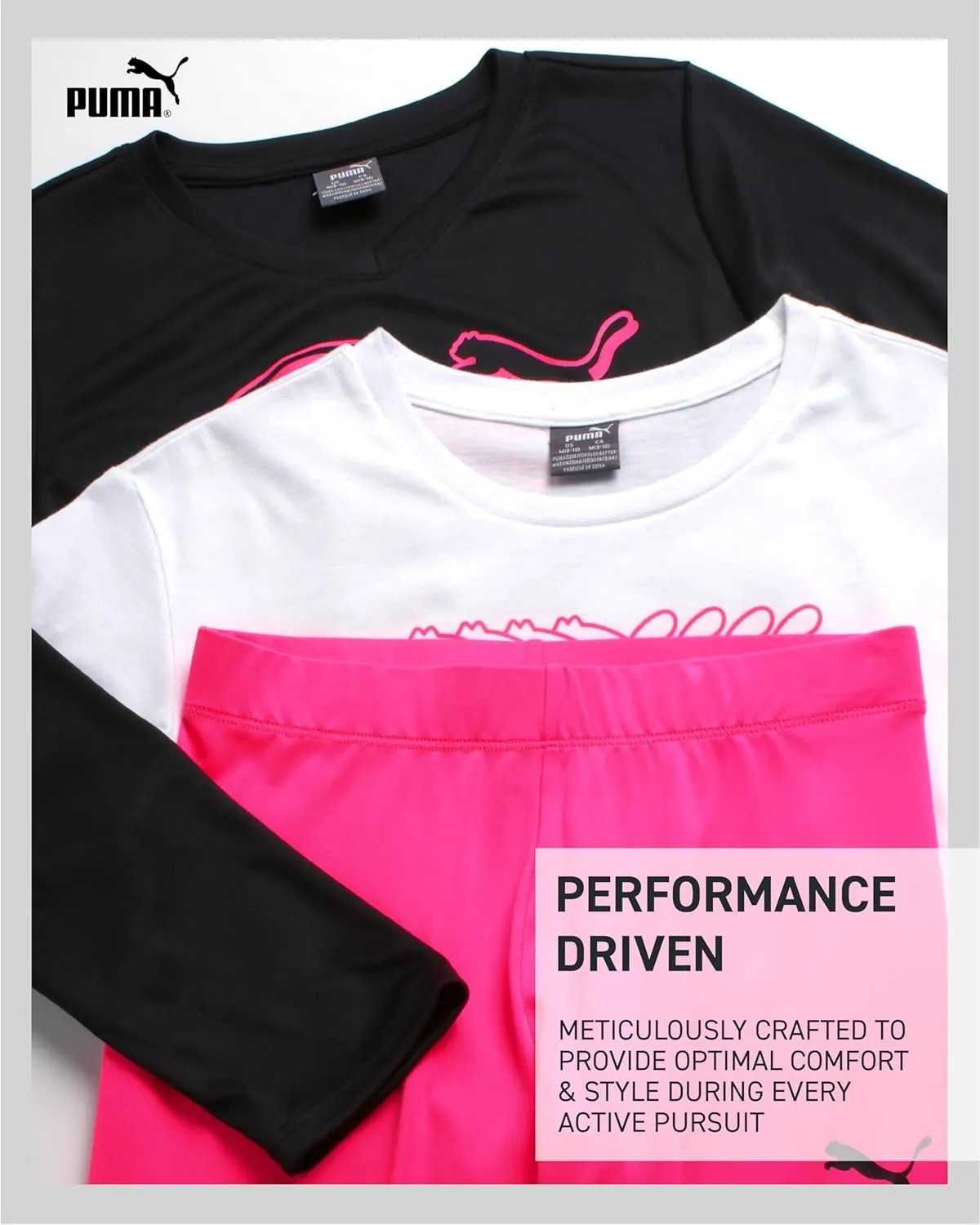 PUMA Girls Leggings Set - 3 Piece Athletic Pullover Long Sleeve Shirt, Top, and Leggings Active Wear Set for Girls (S-L)