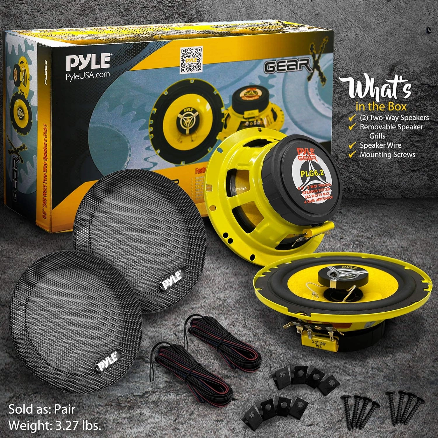 Pyle Car Two Way Speaker System - Pro 6.5 Inch 240 Watt 4 Ohm Mid Tweeter-Audio Sound Speakers For Car Stereo w/ 30 Oz Magnet Structure, 2.25” Mount Depth Fits Standard OEM -PLG6.2 (Pair) Yellow
