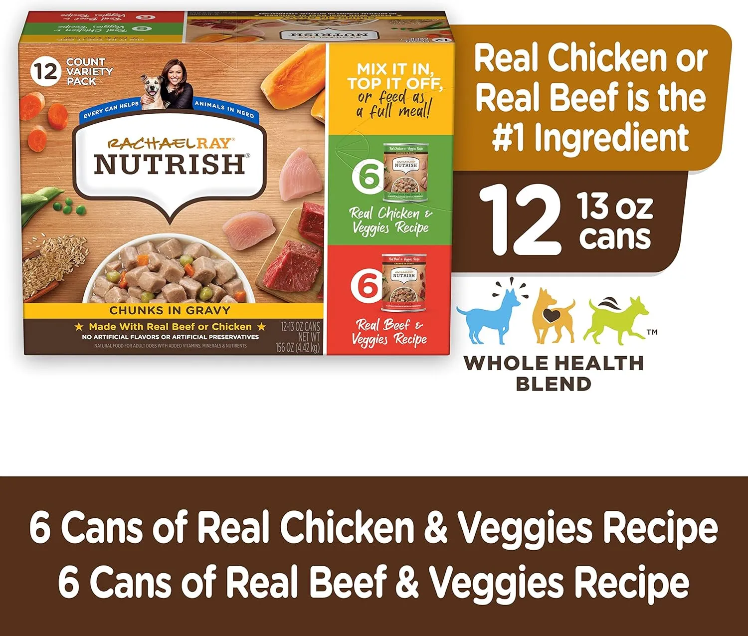 Rachael Ray Nutrish Chunks in Gravy Wet Dog Food Variety Pack, 13 Ounce (Pack of 12)