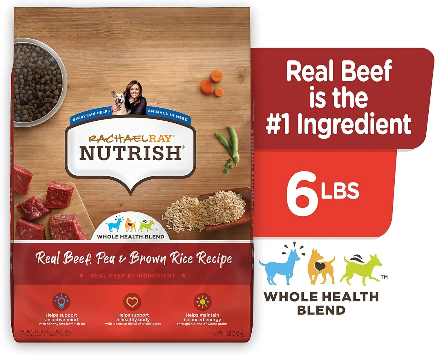 Rachael Ray Nutrish Premium Natural Dry Dog Food with Added Vitamins, Minerals & Taurine, Real Beef, Pea, & Brown Rice Recipe, 6 Pounds (Packaging May Vary) (Pack of 2)