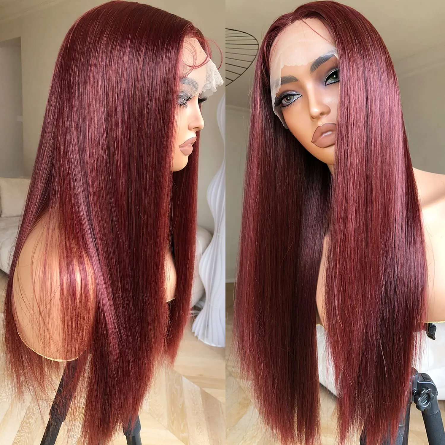 Reddish Brown Lace Front Wigs Pre Plucked Ready to Wear, HD Glueless 13X5X1 Synthetic Lace Front Wigs for Women 180 Density, Rich Reddish Brown Wig