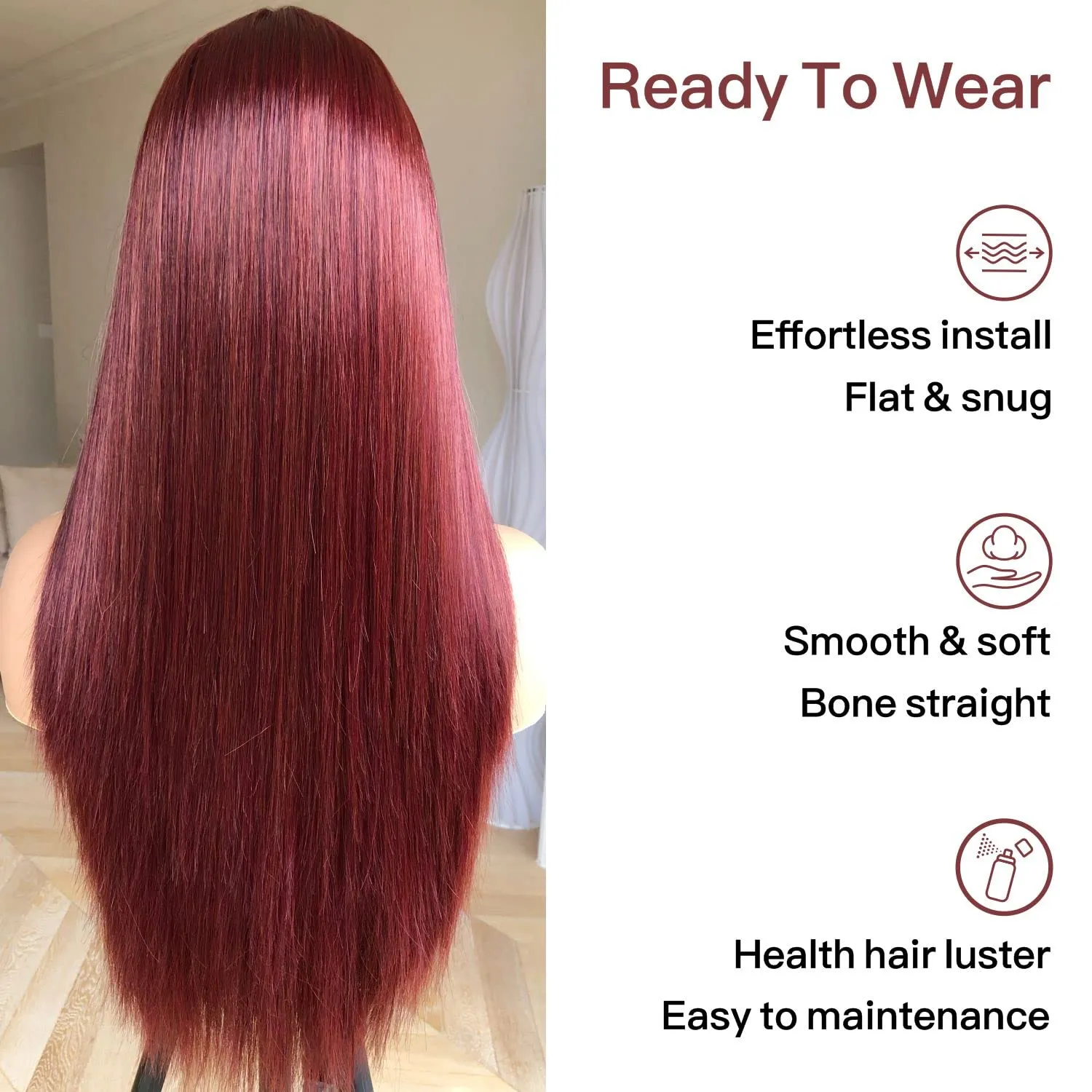 Reddish Brown Lace Front Wigs Pre Plucked Ready to Wear, HD Glueless 13X5X1 Synthetic Lace Front Wigs for Women 180 Density, Rich Reddish Brown Wig