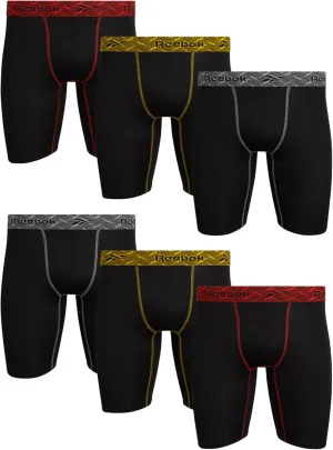 Reebok Men's Boxer Briefs - 6 Pack Sport Soft Performance Long Leg Underwear Boxers for Men with Mesh Fly Pouch (Sizes: S-XL)