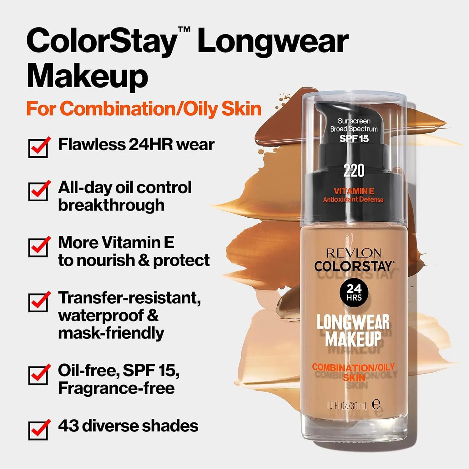 Revlon Liquid Foundation, ColorStay Face Makeup for Combination & Oily Skin, SPF 15, Medium-Full Coverage with Matte Finish, 140 Oatmeal, 1 Fl Oz