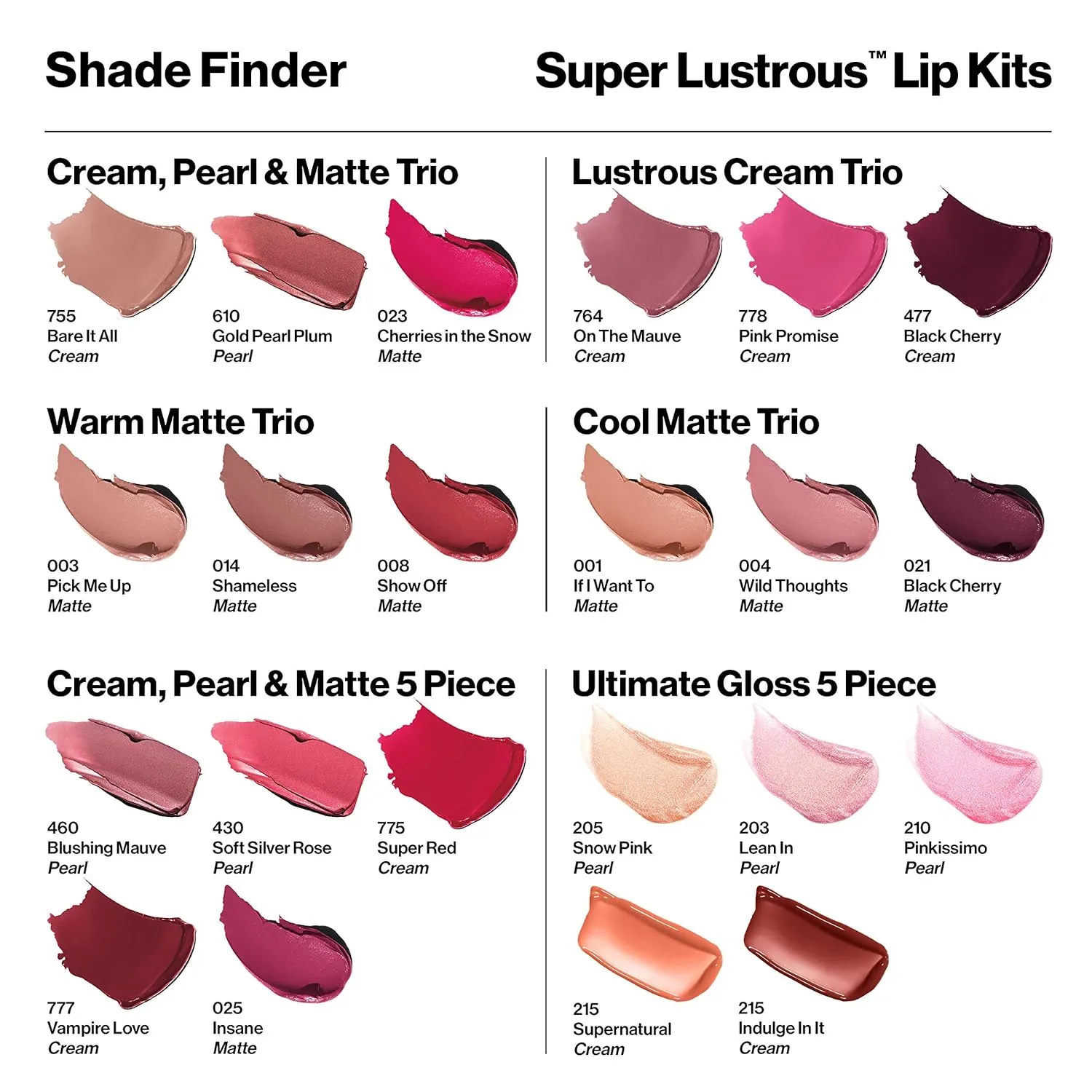 Revlon Super Lustrous 3-Piece Lipstick Gift Set, High Impact, Moisturizing, Cream Finish, 764 On The Mauve, 778 Pink Promise, 477 Black Cherry, 0.45 Oz
