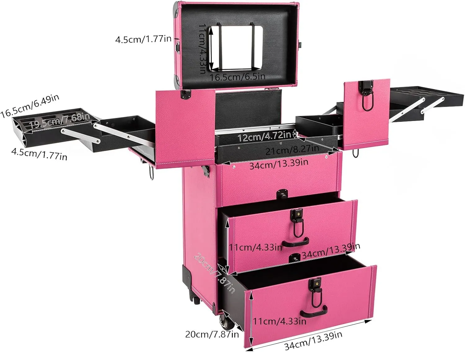 Rolling Makeup Train Case, Large Storage Cosmetic Trolley, Lockable Trolley Makeup Travel Case with Keys & Swivel Wheels, Salon Barber Case Traveling Cart Trunk, 110 LBS Load Capacity (Rose)
