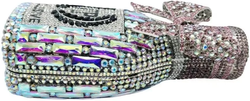 RomanticDesign Women Champagne Bottle Rhinestone Evening Clutch Bride Purse Chic Bowknot Crystal Handbag for Party Prom