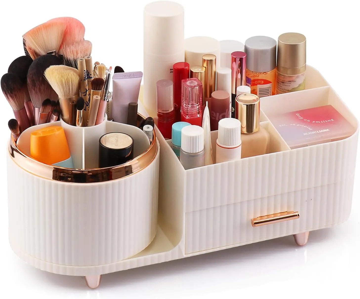 Rotating Makeup Storage Organizer for Vanity - Large Cosmetic Display, Bathroom Make Up and Skincare Organizers Countertop with Brush Holder and Drawers