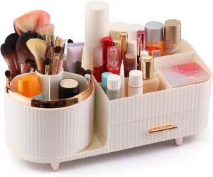 Rotating Makeup Storage Organizer for Vanity - Large Cosmetic Display, Bathroom Make Up and Skincare Organizers Countertop with Brush Holder and Drawers