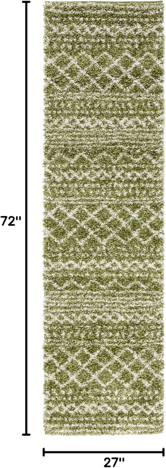 SAFAVIEH Arizona Shag Collection Runner - 2'3" x 6', Green & Ivory, Moroccan Design, Non-Shedding & Easy Care, 1.6-inch Thick, Ideal for The Living Room, Dining, Bedroom (ASG741X)