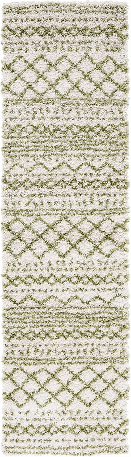 SAFAVIEH Arizona Shag Collection Runner Rug - 2'3" x 10', Ivory & Green, Moroccan Design, Non-Shedding & Easy Care, 1.6-inch Thick, Ideal for The Living Room, Bedroom, Dining Room (ASG741Y-210)