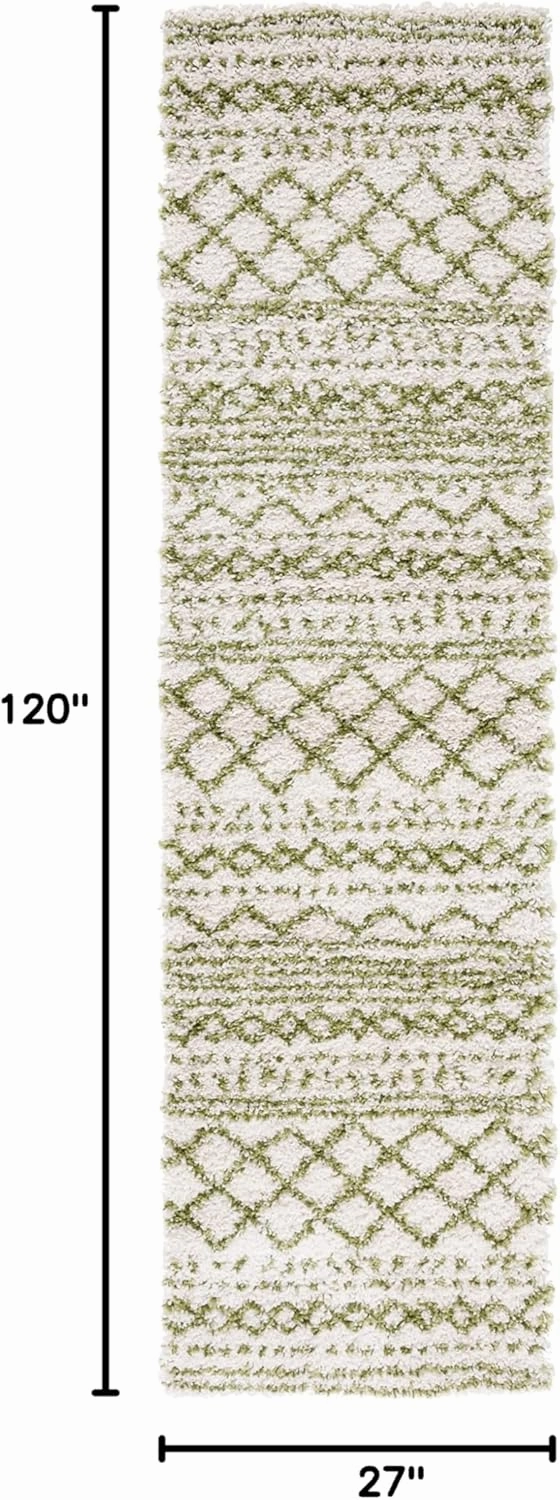 SAFAVIEH Arizona Shag Collection Runner Rug - 2'3" x 10', Ivory & Green, Moroccan Design, Non-Shedding & Easy Care, 1.6-inch Thick, Ideal for The Living Room, Bedroom, Dining Room (ASG741Y-210)