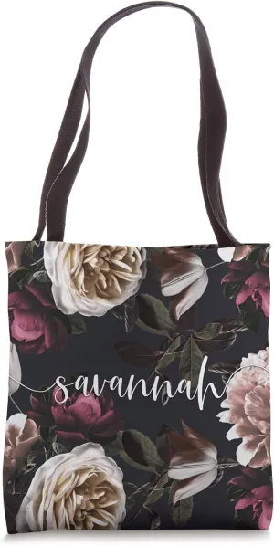 Savannah - Elegant Floral Rose & Peony Personalized Name Tote Bag