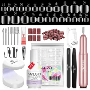 SAVILAND Toe Nail Tips and Glue Gel Kit - Gel Nail Kit for Toes Poly Press On Toes Nails Kit with Nail Drill 500 Pcs Fake Toenails Tips with Nail Glue Acrylic Nail Kit Nail Lamp Salon Home Gift
