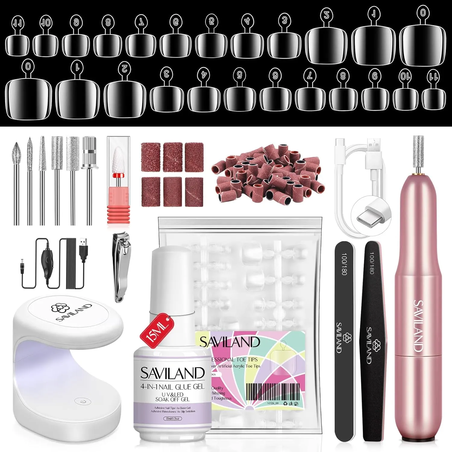SAVILAND Toe Nail Tips and Glue Gel Kit - Gel Nail Kit for Toes Poly Press On Toes Nails Kit with Nail Drill 500 Pcs Fake Toenails Tips with Nail Glue Acrylic Nail Kit Nail Lamp Salon Home Gift