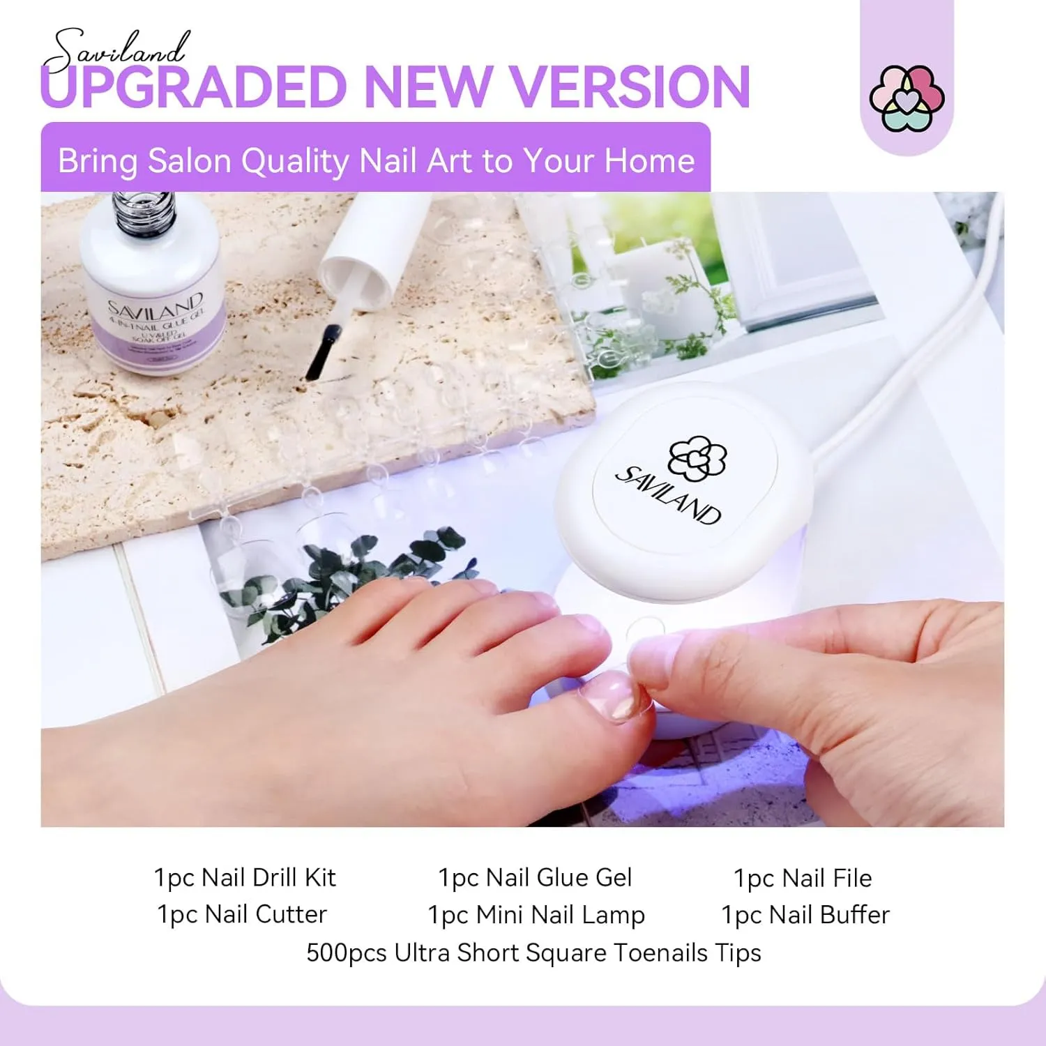 SAVILAND Toe Nail Tips and Glue Gel Kit - Gel Nail Kit for Toes Poly Press On Toes Nails Kit with Nail Drill 500 Pcs Fake Toenails Tips with Nail Glue Acrylic Nail Kit Nail Lamp Salon Home Gift