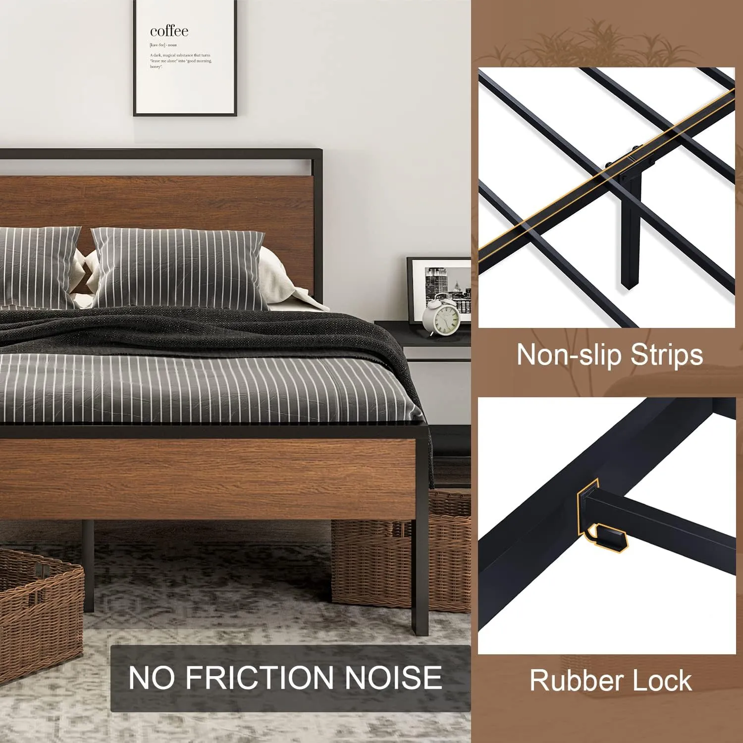 SHA CERLIN 14 Inch King Size Metal Platform Bed Frame with Wooden Headboard and Footboard, Mattress Foundation, No Box Spring Needed, Large Under Bed Storage, Walnut