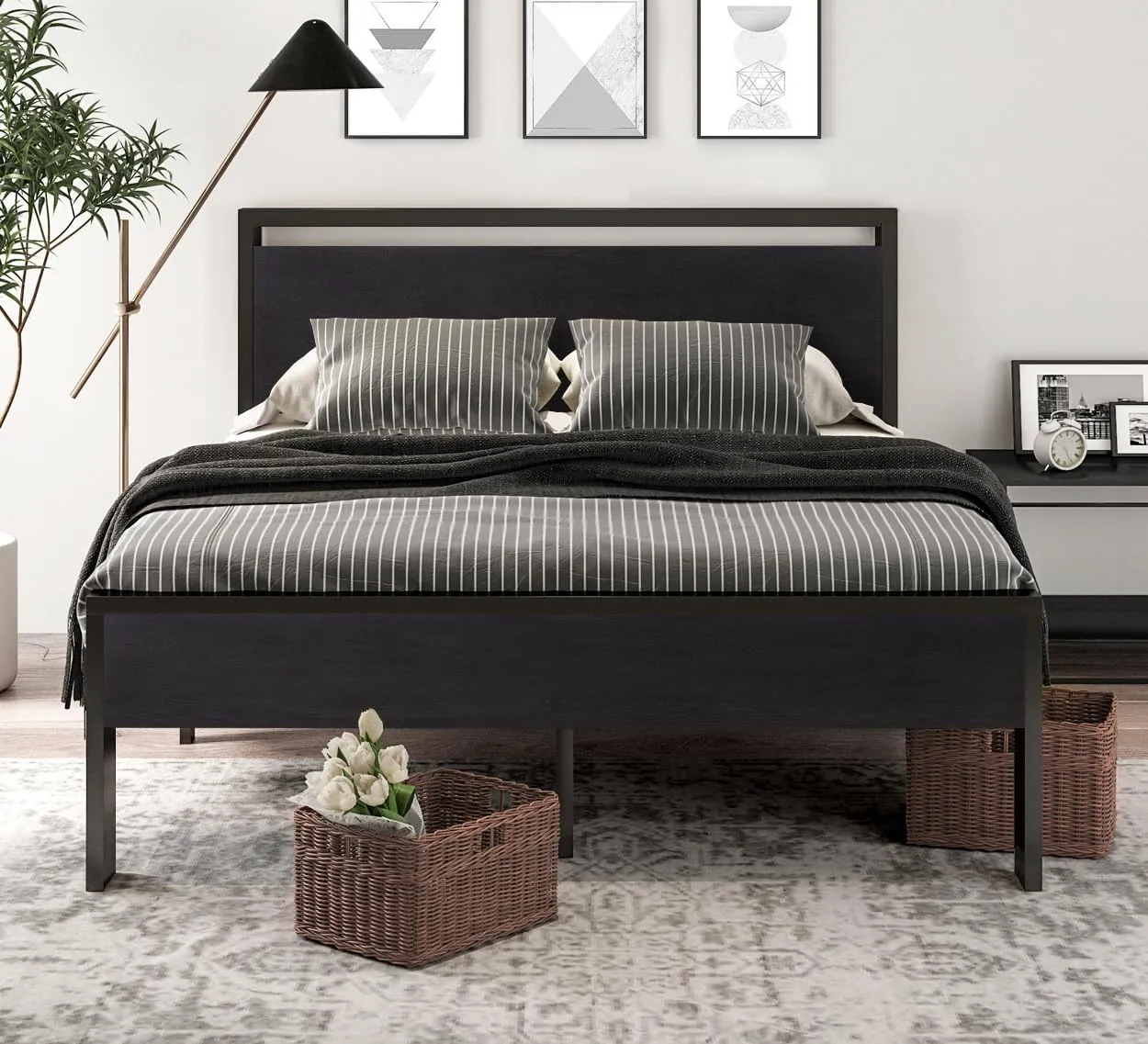 SHA CERLIN 14 Inch Queen Size Metal Platform Bed Frame with Wooden Headboard and Footboard, Mattress Foundation, No Box Spring Needed, Large Under Bed Storage, Non-Slip Without Noise, Black Oak