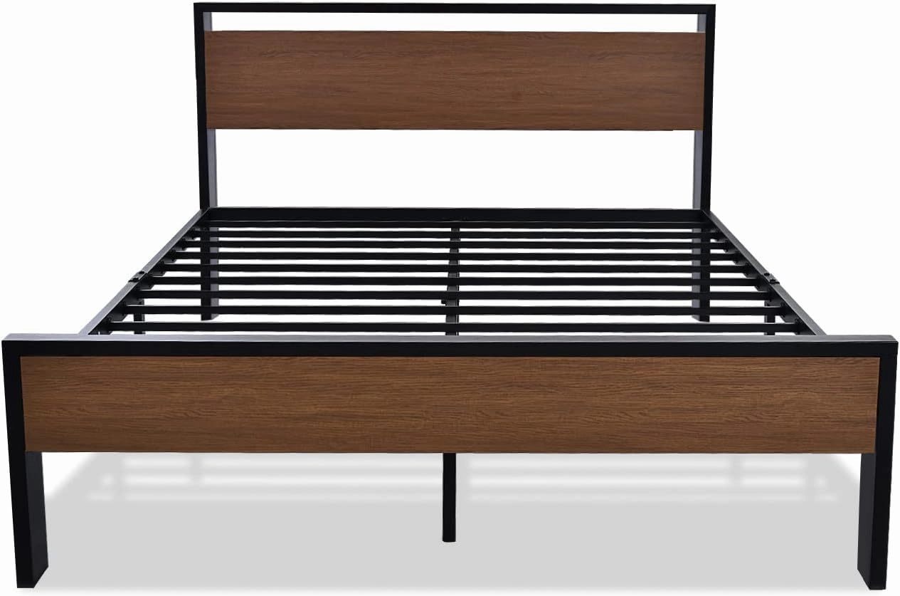 SHA CERLIN 14 Inch Queen Size Metal Platform Bed Frame with Wooden Headboard and Footboard, Mattress Foundation, No Box Spring Needed, Large Under Bed Storage, Non-Slip Without Noise, Walnut