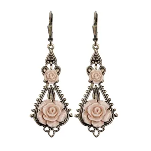 Shabby Resin Rose Earrings with Victorian-Style Filigree (Blush and bronze - Lever backs)
