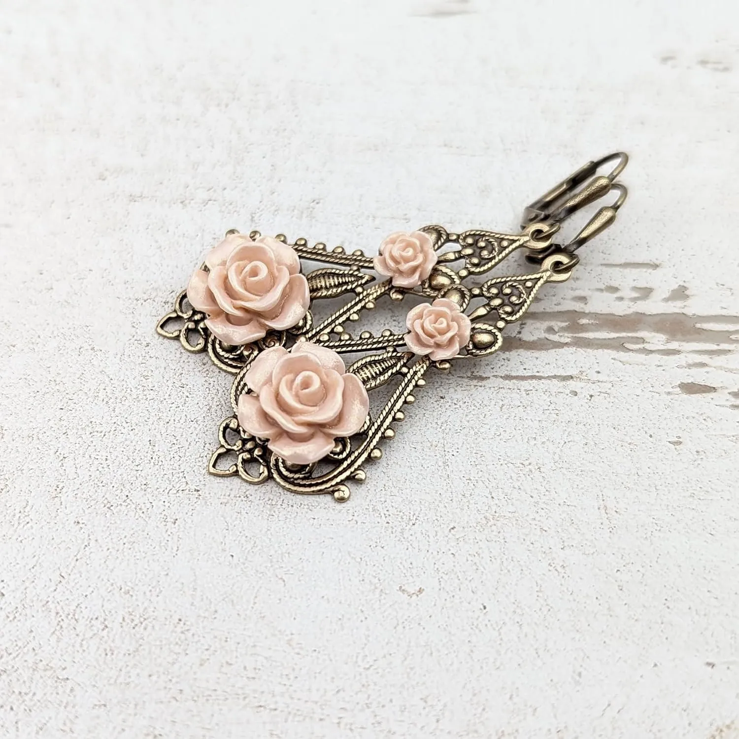 Shabby Resin Rose Earrings with Victorian-Style Filigree (Blush and bronze - Lever backs)