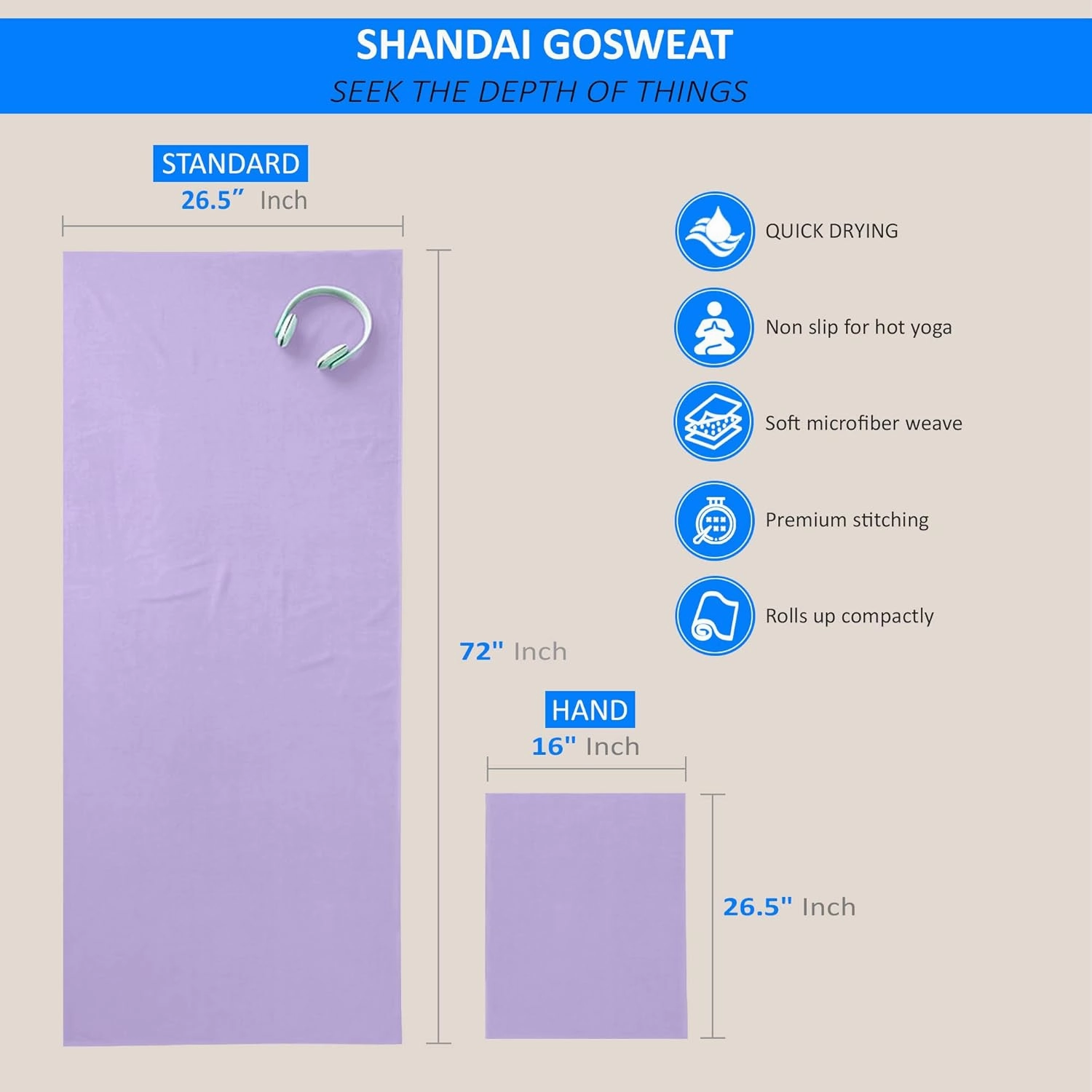Shandali GoSweat Non-Slip Hot Yoga Towel with Super-Absorbent Soft Suede Microfiber in Many Colors, for Bikram Pilates and Yoga Mats.