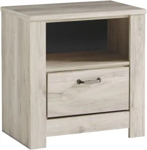 Signature Design by Ashley Bellaby Farmhouse 1 Drawer Nightstand with 1 Storage Cubby & Slim-Profile USB Charging Station, 24.61" Tall, Whitewash