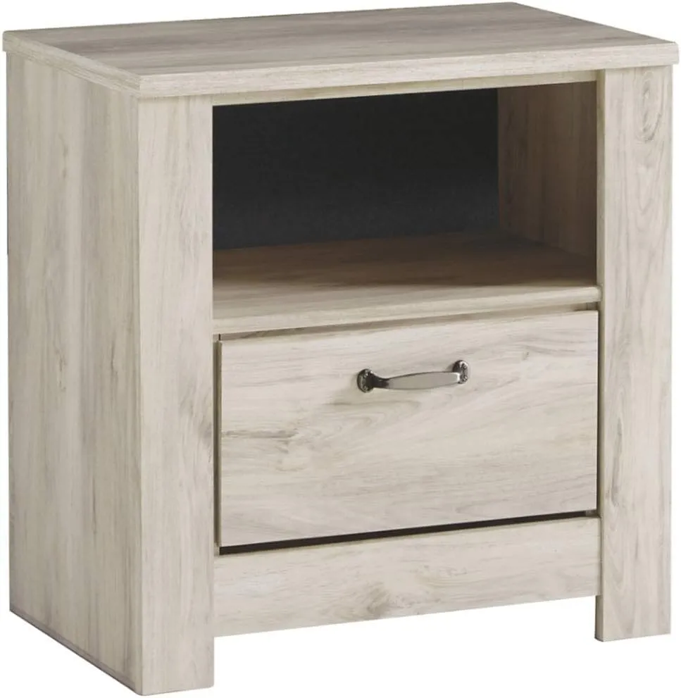 Signature Design by Ashley Bellaby Farmhouse 1 Drawer Nightstand with 1 Storage Cubby & Slim-Profile USB Charging Station, 24.61" Tall, Whitewash