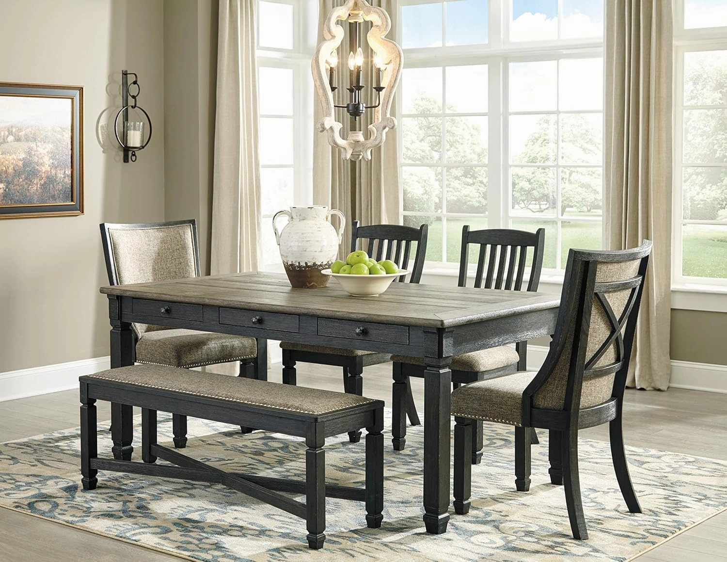Signature Design by Ashley Tyler Creek Modern Farmhouse Upholstered Dining Room Bench, Antique Black Finish