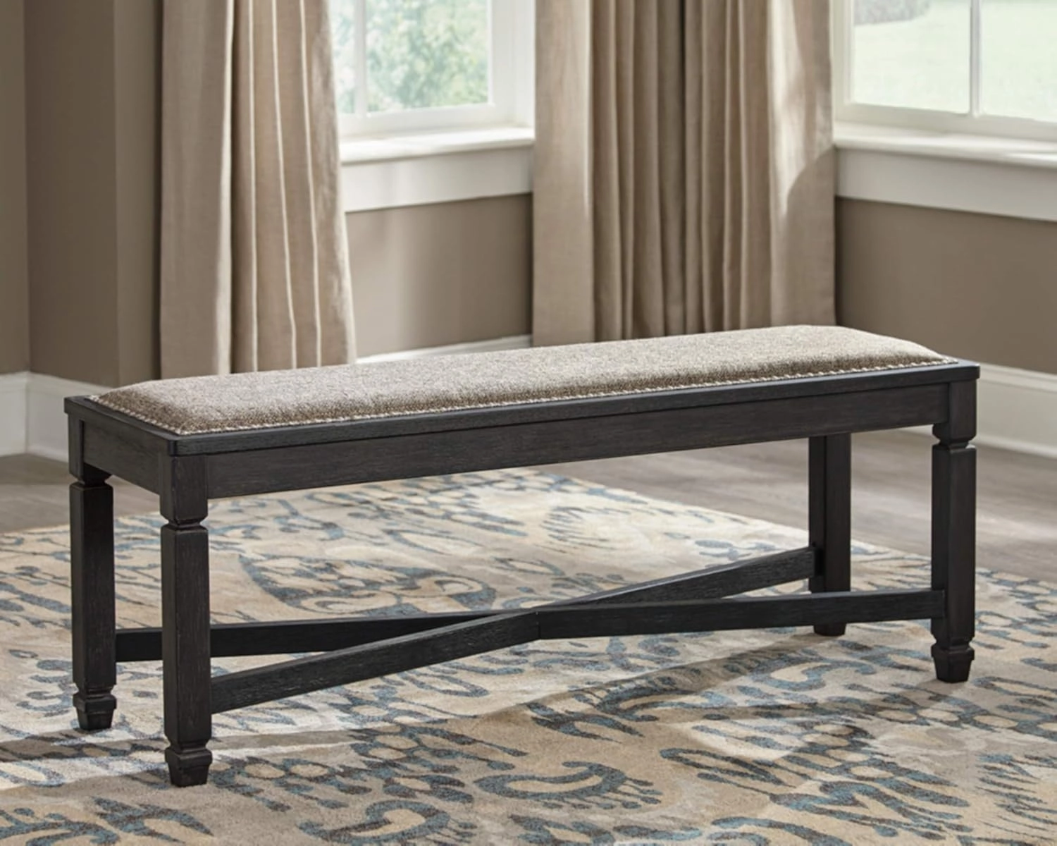 Signature Design by Ashley Tyler Creek Modern Farmhouse Upholstered Dining Room Bench, Antique Black Finish
