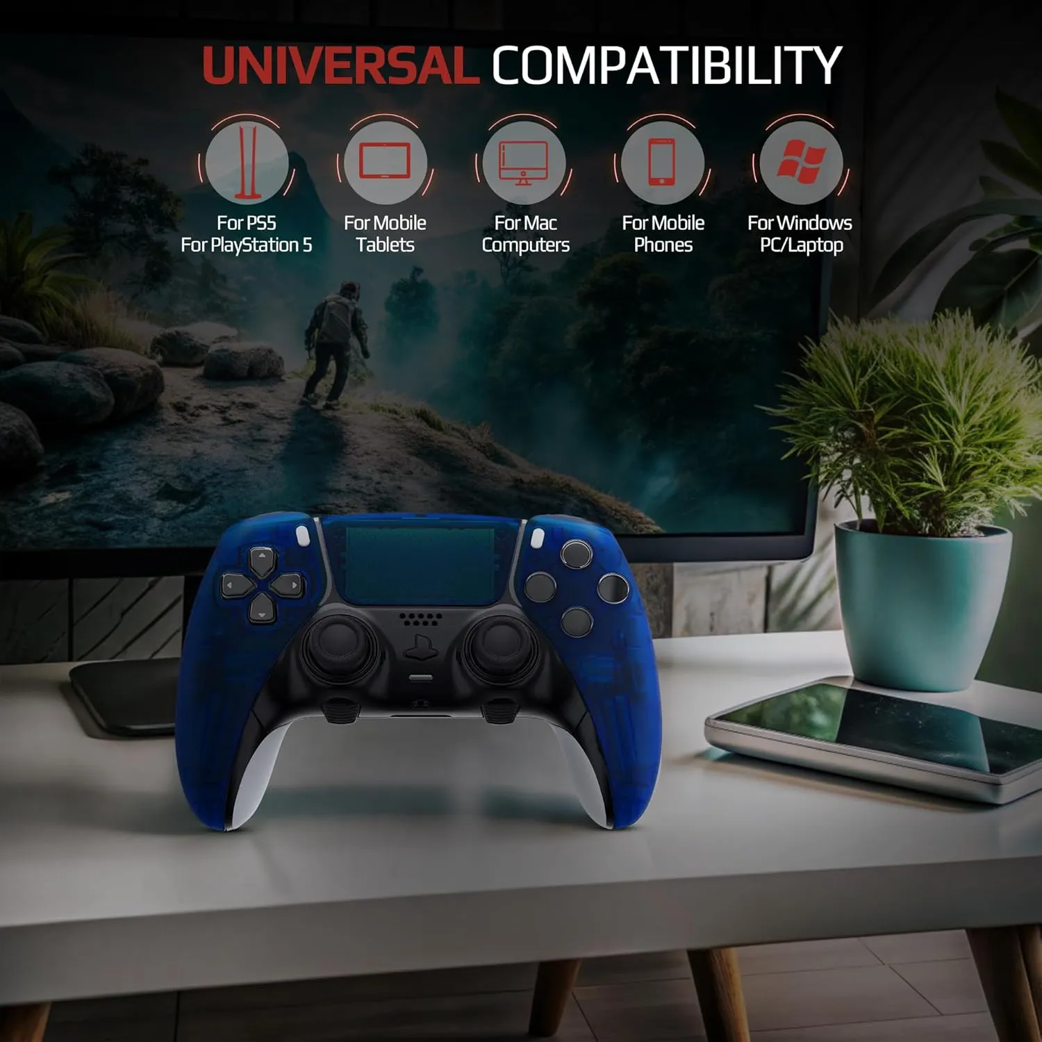 Silent Modz Edge Custom Controllers Compatible with PS5, PC & Mobile Gaming - Unique Design Wireless Gaming Controller with Paddles and Trigger Stops, Handcrafted in USA (Clear Blue Soft Touch)