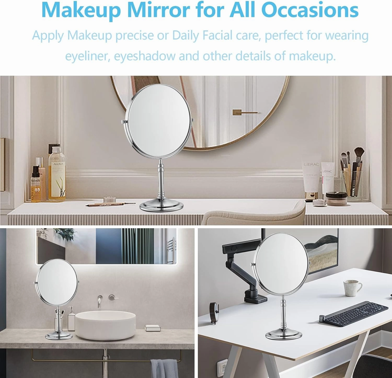 Silver Makeup Mirror 1X/10X Free Standing 8 Inches 360 Swivel Dual-Sided Tabletop Makeup Mirror, Metal