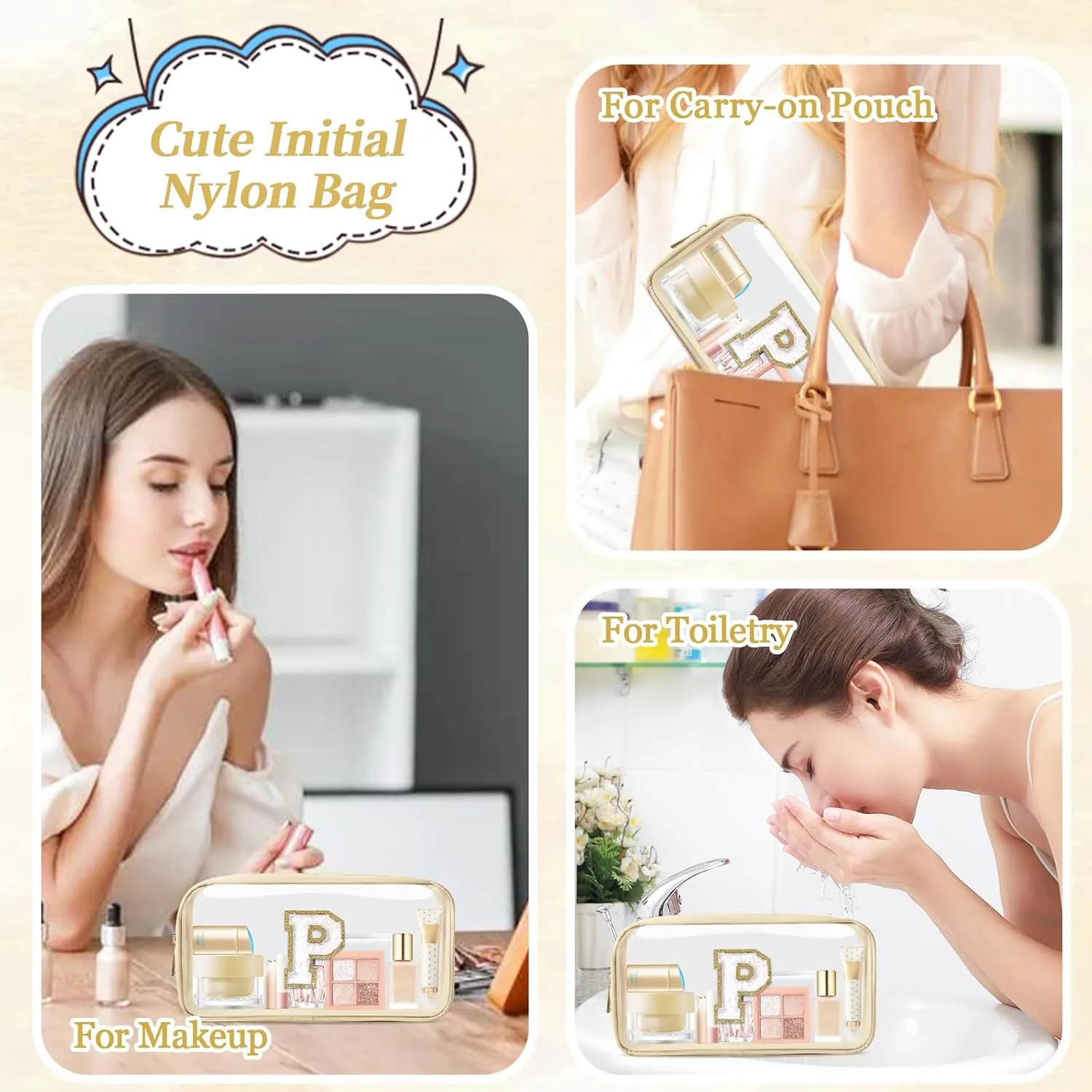 Small Clear Personalized Initial Makeup Bag, Preppy Nylon A-Z Chenille Letter Patch Makeup Organizer TSA Approved Travel Toiletry Bag,Waterproof Zip Beach Cosmetic Pouch Purse for Women(Beige-White P)