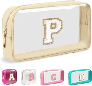Small Clear Personalized Initial Makeup Bag, Preppy Nylon A-Z Chenille Letter Patch Makeup Organizer TSA Approved Travel Toiletry Bag,Waterproof Zip Beach Cosmetic Pouch Purse for Women(Beige-White P)