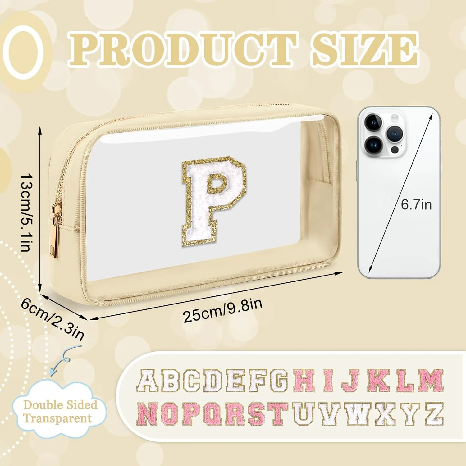 Small Clear Personalized Initial Makeup Bag, Preppy Nylon A-Z Chenille Letter Patch Makeup Organizer TSA Approved Travel Toiletry Bag,Waterproof Zip Beach Cosmetic Pouch Purse for Women(Beige-White P)
