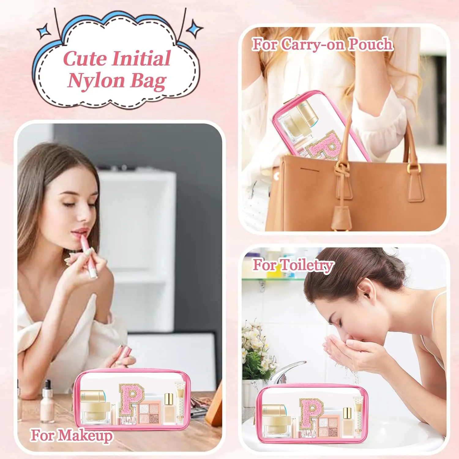 Small Clear Personalized Initial Makeup Bag, Preppy Nylon A-Z Chenille Letter Patch Makeup Organizer TSA Approved Travel Toiletry Bag,Waterproof Zip Beach Cosmetic Pouch Purse for Women(Pink-Pink P)