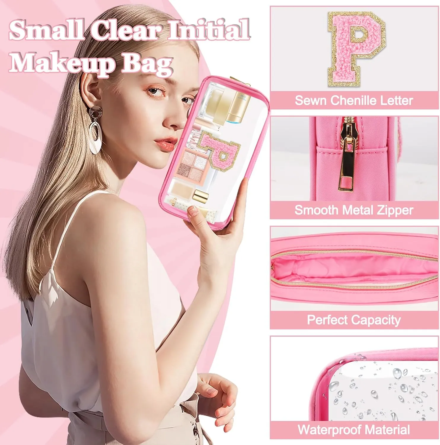 Small Clear Personalized Initial Makeup Bag, Preppy Nylon A-Z Chenille Letter Patch Makeup Organizer TSA Approved Travel Toiletry Bag,Waterproof Zip Beach Cosmetic Pouch Purse for Women(Pink-Pink P)