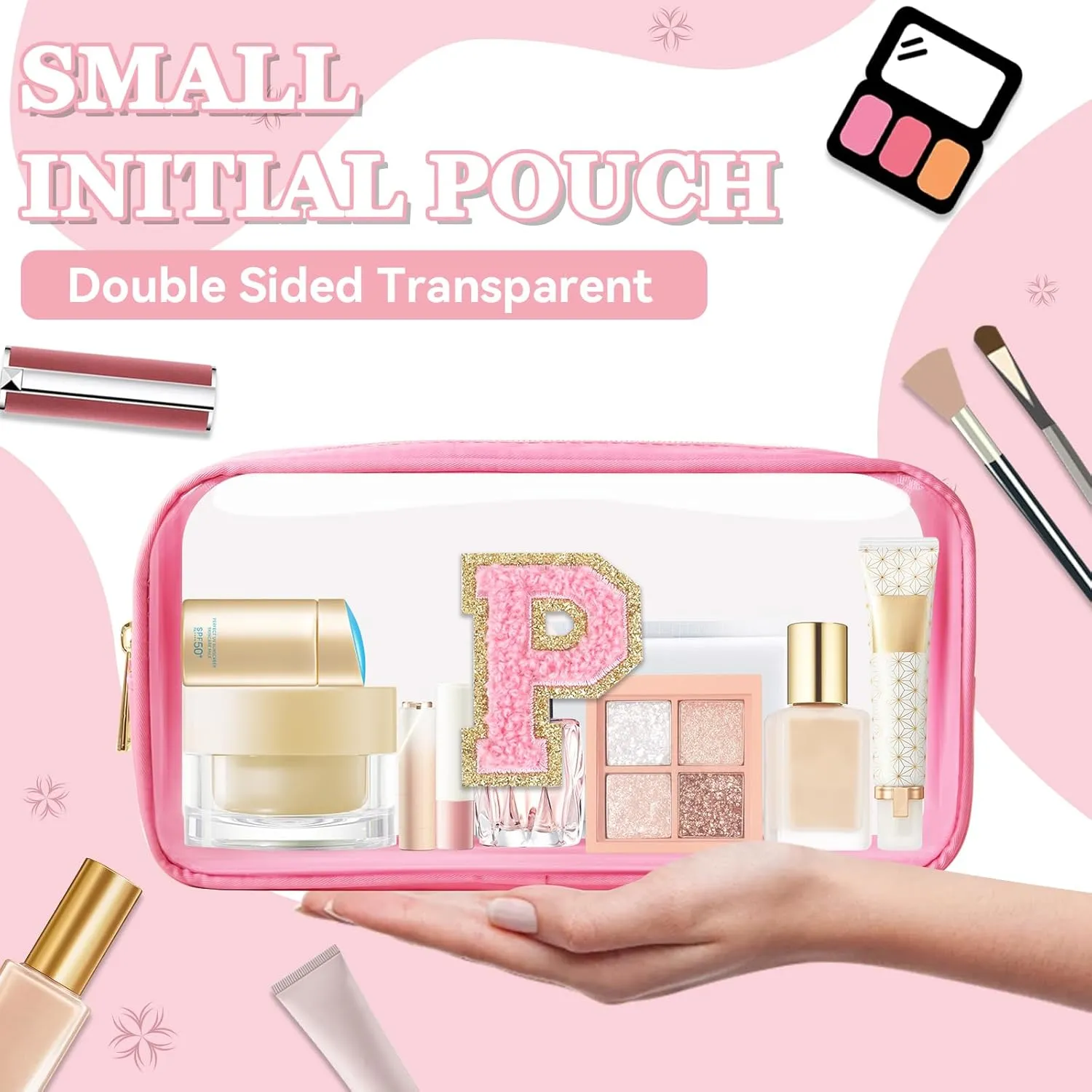 Small Clear Personalized Initial Makeup Bag, Preppy Nylon A-Z Chenille Letter Patch Makeup Organizer TSA Approved Travel Toiletry Bag,Waterproof Zip Beach Cosmetic Pouch Purse for Women(Pink-Pink P)