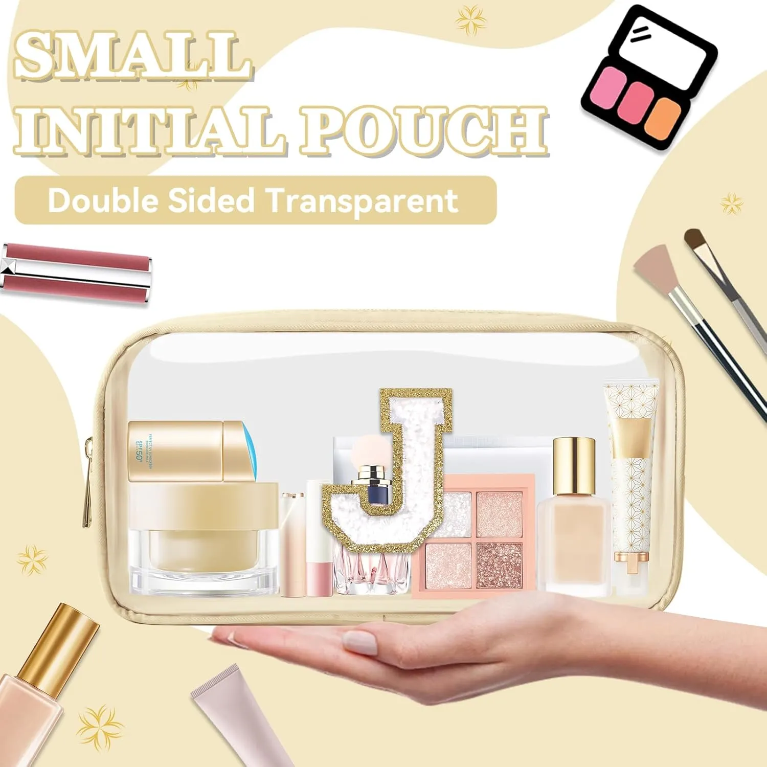 Small Clear Personalized Initial Makeup Bag,Nylon Preppy A-Z Chenille Letter Patch Cosmetic Pouch Beach Toiletry Bag,Waterproof Zipper Travel Purse Storage Bag Organizer for Women Girls(Beige-White J)