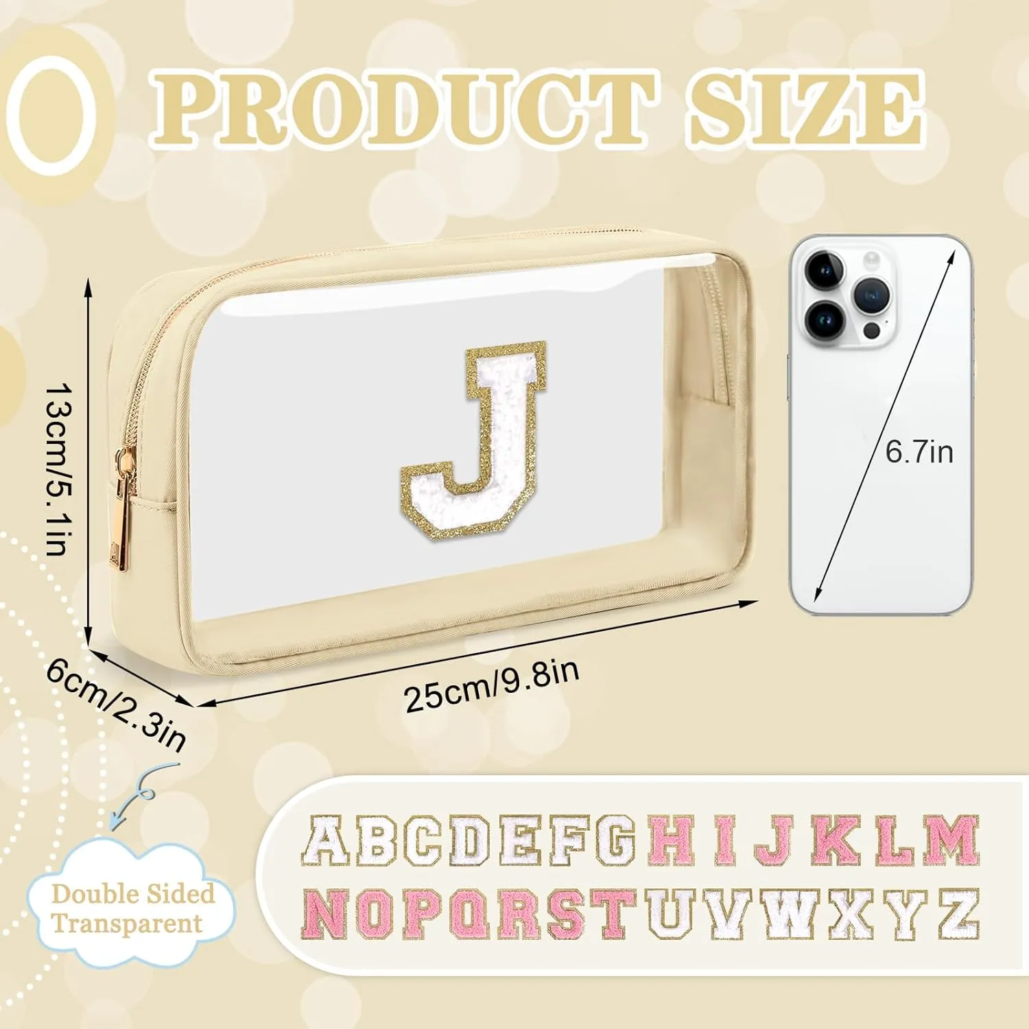 Small Clear Personalized Initial Makeup Bag,Nylon Preppy A-Z Chenille Letter Patch Cosmetic Pouch Beach Toiletry Bag,Waterproof Zipper Travel Purse Storage Bag Organizer for Women Girls(Beige-White J)