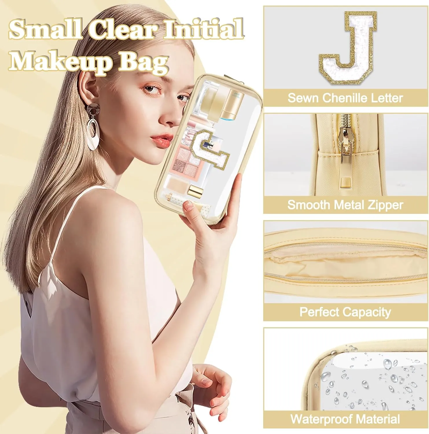 Small Clear Personalized Initial Makeup Bag,Nylon Preppy A-Z Chenille Letter Patch Cosmetic Pouch Beach Toiletry Bag,Waterproof Zipper Travel Purse Storage Bag Organizer for Women Girls(Beige-White J)