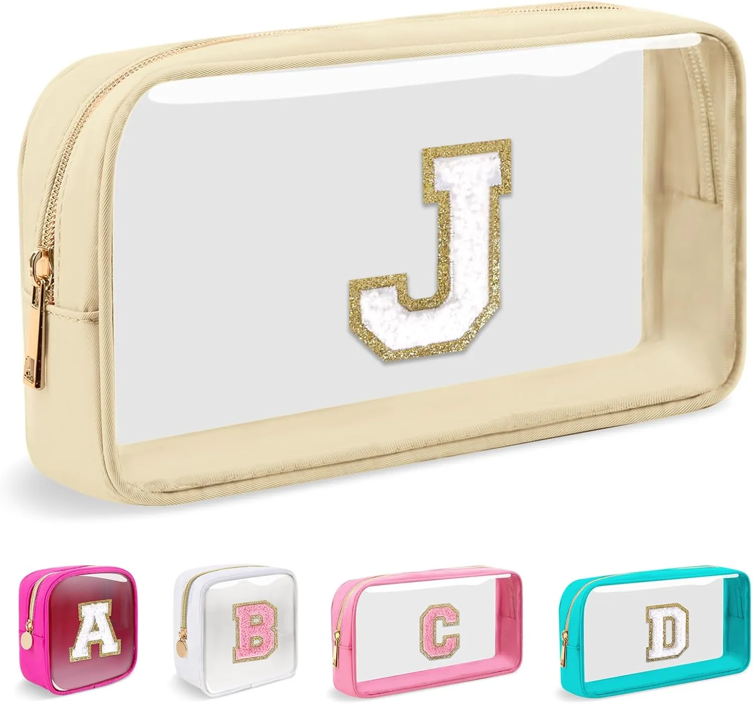 Small Clear Personalized Initial Makeup Bag,Nylon Preppy A-Z Chenille Letter Patch Cosmetic Pouch Beach Toiletry Bag,Waterproof Zipper Travel Purse Storage Bag Organizer for Women Girls(Beige-White J)