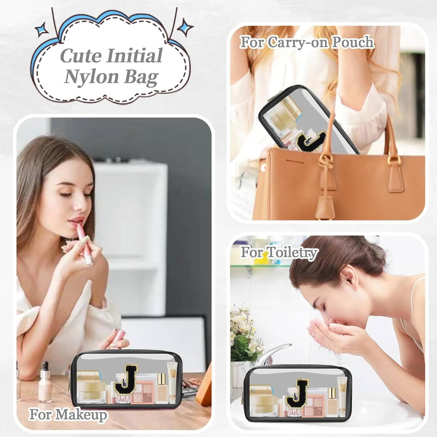 Small Clear Personalized Initial Makeup Bag,Nylon Preppy A-Z Chenille Letter Patch Cosmetic Pouch Beach Toiletry Bag,Waterproof Zipper Travel Purse Storage Bag Organizer for Women Girls(Black-Black J)