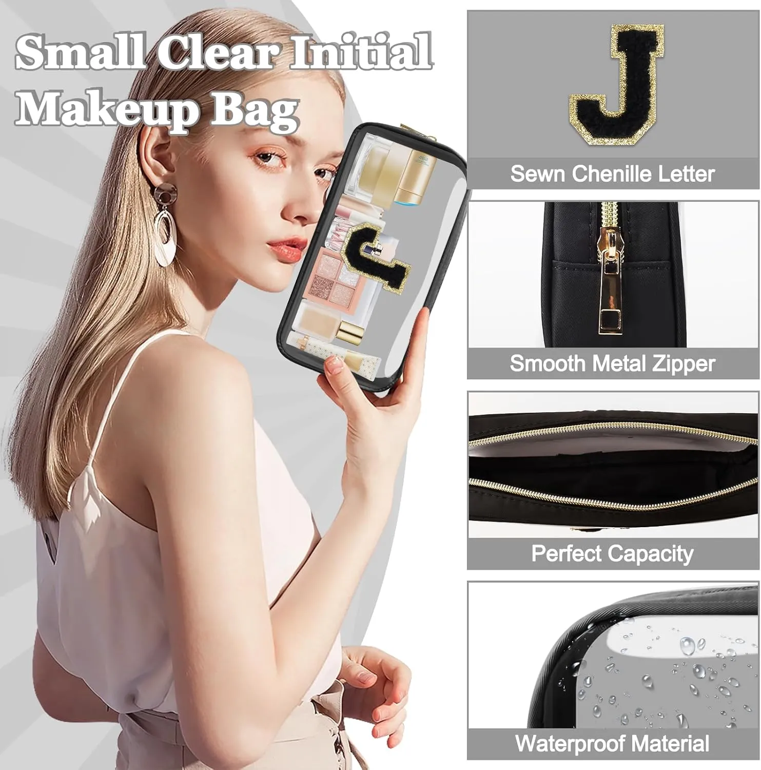 Small Clear Personalized Initial Makeup Bag,Nylon Preppy A-Z Chenille Letter Patch Cosmetic Pouch Beach Toiletry Bag,Waterproof Zipper Travel Purse Storage Bag Organizer for Women Girls(Black-Black J)