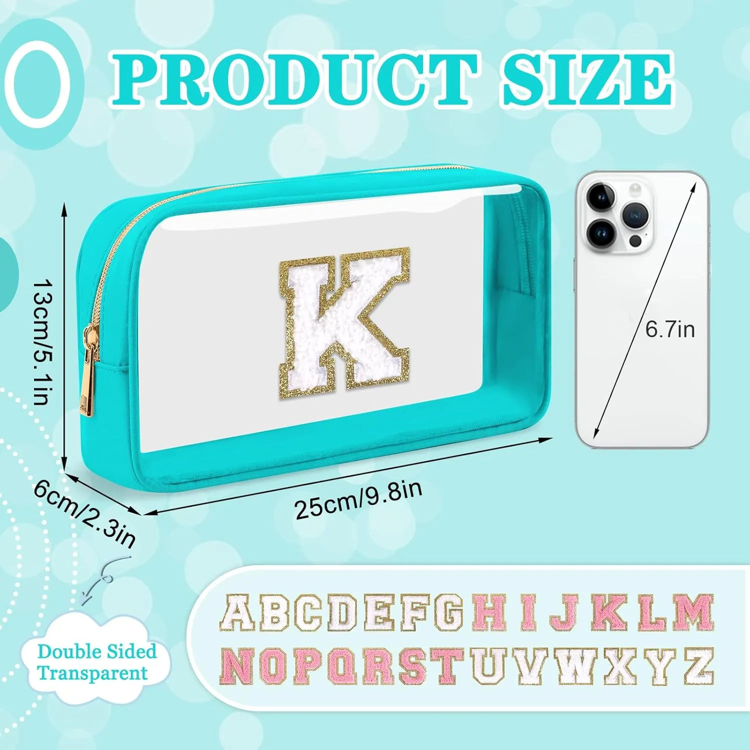 Small Clear Personalized Initial Makeup Bag,Nylon Preppy A-Z Chenille Letter Patch Cosmetic Pouch Beach Toiletry Bag,Waterproof Zipper Travel Purse Storage Bag Organizer for Women Girls(Cyan-White K)