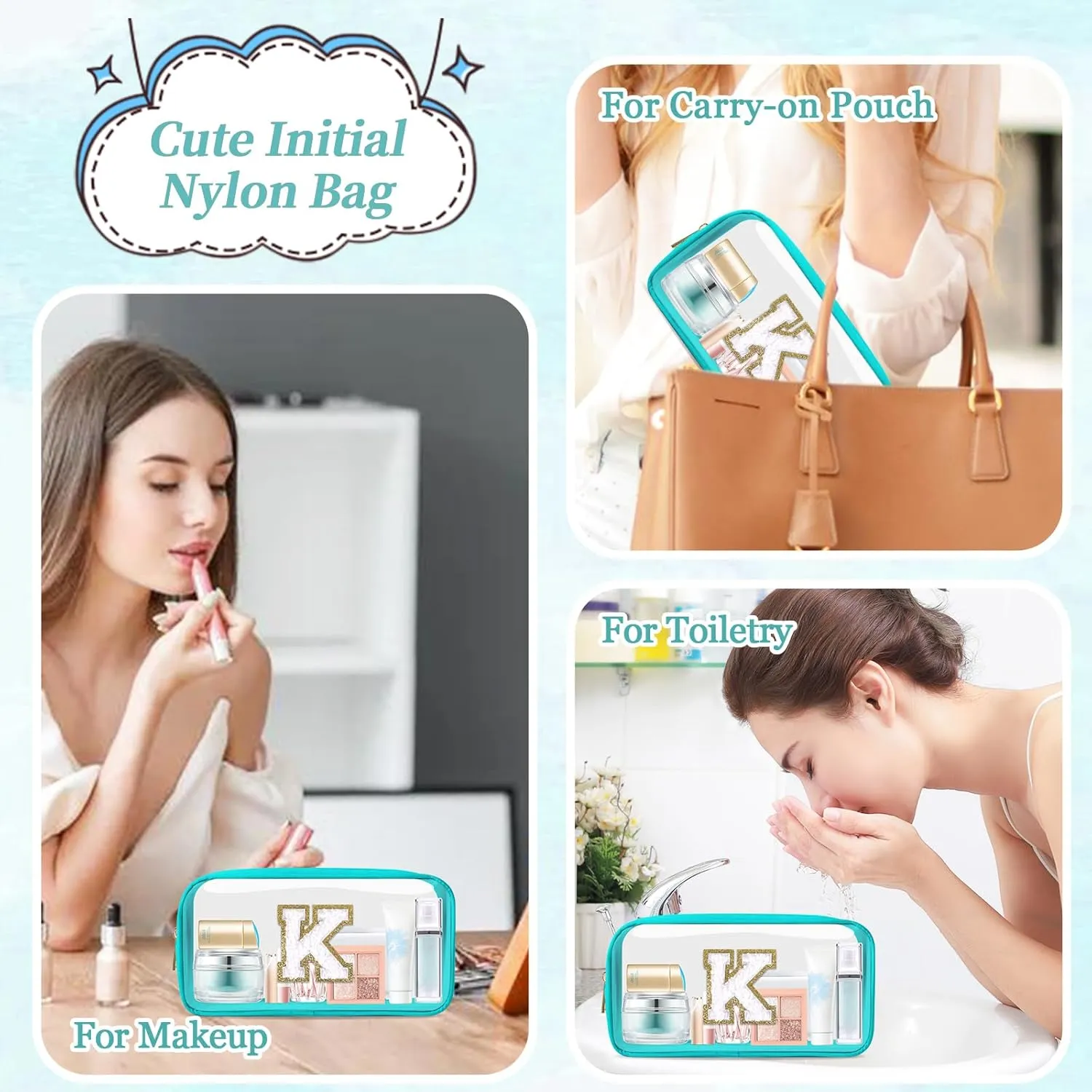 Small Clear Personalized Initial Makeup Bag,Nylon Preppy A-Z Chenille Letter Patch Cosmetic Pouch Beach Toiletry Bag,Waterproof Zipper Travel Purse Storage Bag Organizer for Women Girls(Cyan-White K)