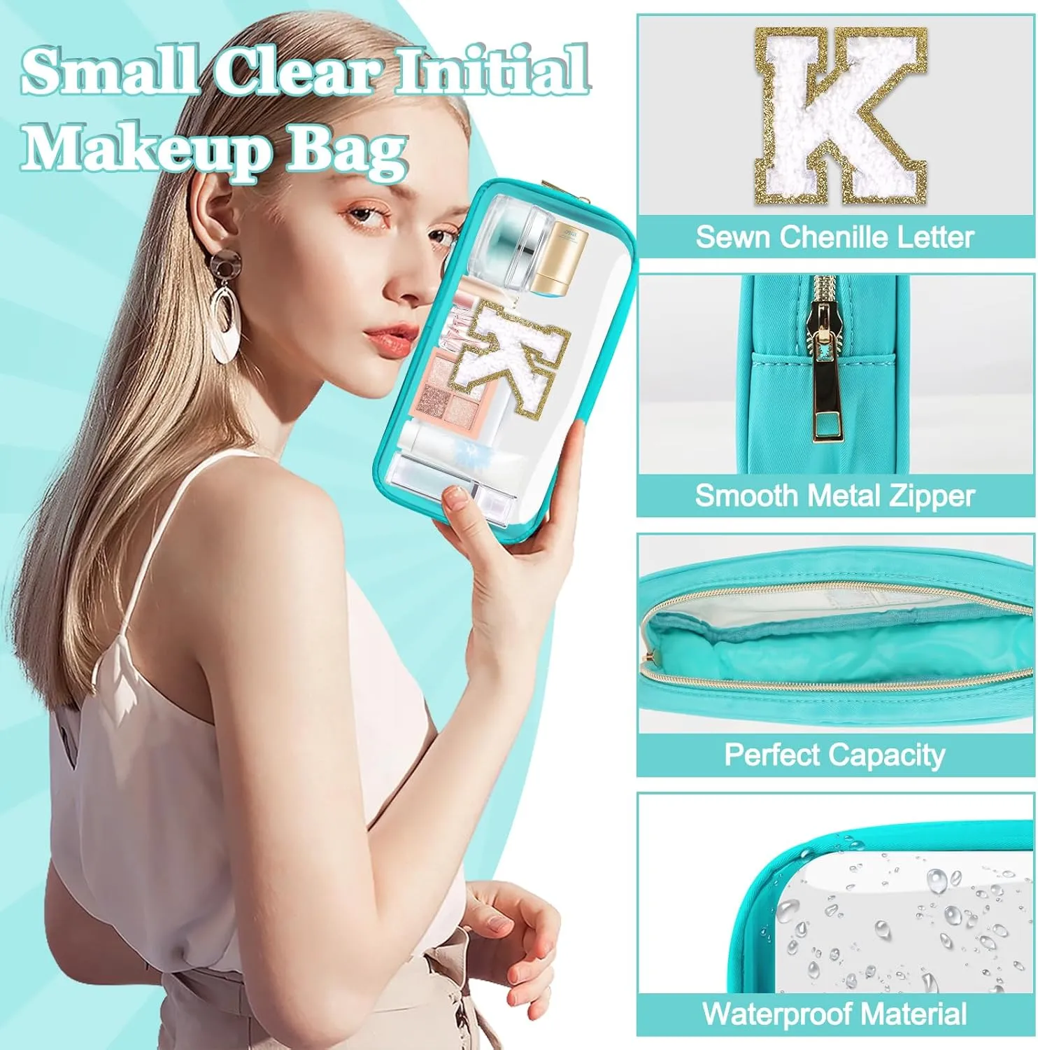Small Clear Personalized Initial Makeup Bag,Nylon Preppy A-Z Chenille Letter Patch Cosmetic Pouch Beach Toiletry Bag,Waterproof Zipper Travel Purse Storage Bag Organizer for Women Girls(Cyan-White K)