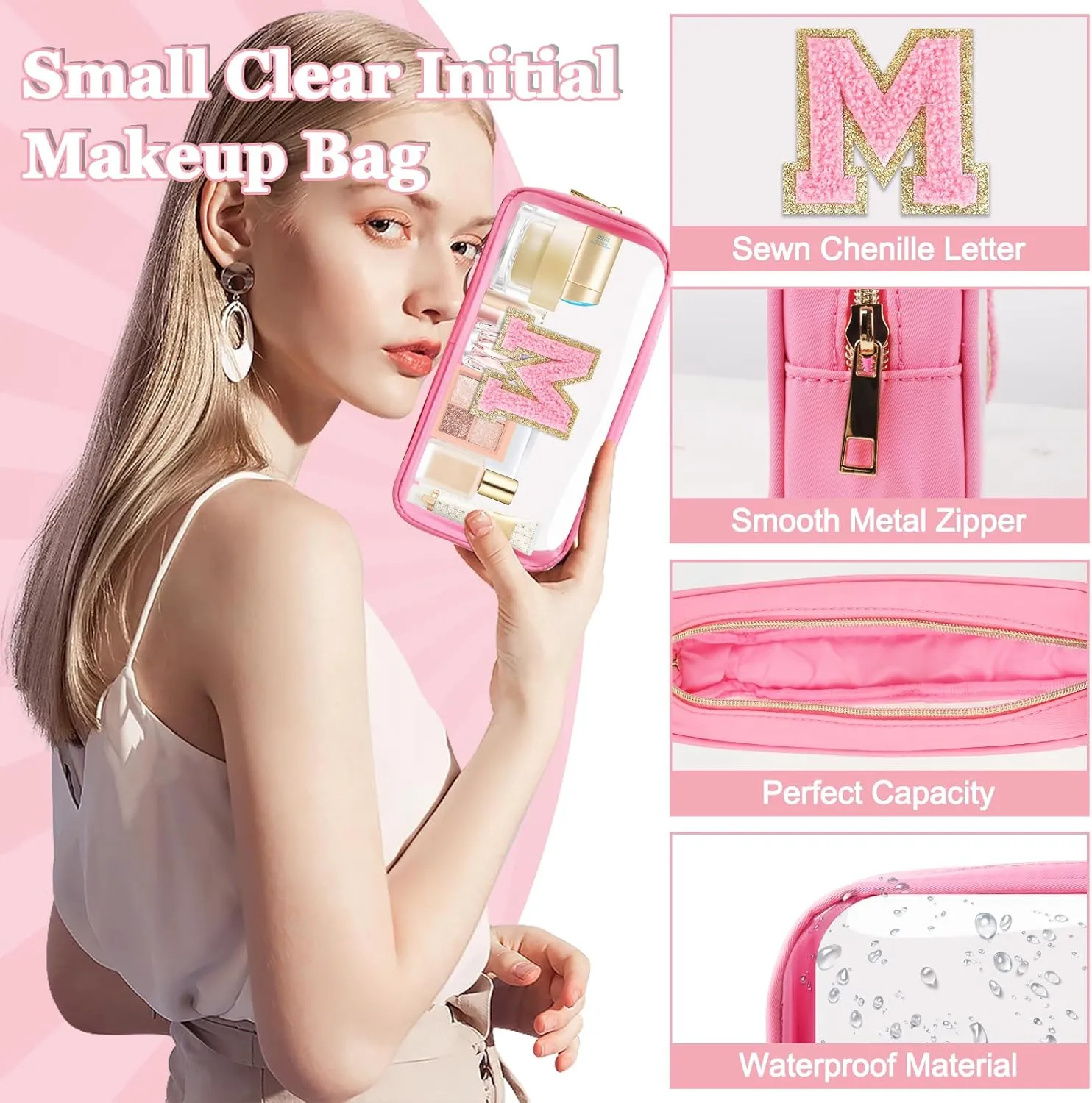 Small Clear Personalized Initial Makeup Bag,Nylon Preppy A-Z Chenille Letter Patch Cosmetic Pouch Beach Toiletry Bag,Waterproof Zipper Travel Purse Storage Bag Organizer for Women Girls(Pink-Pink M)