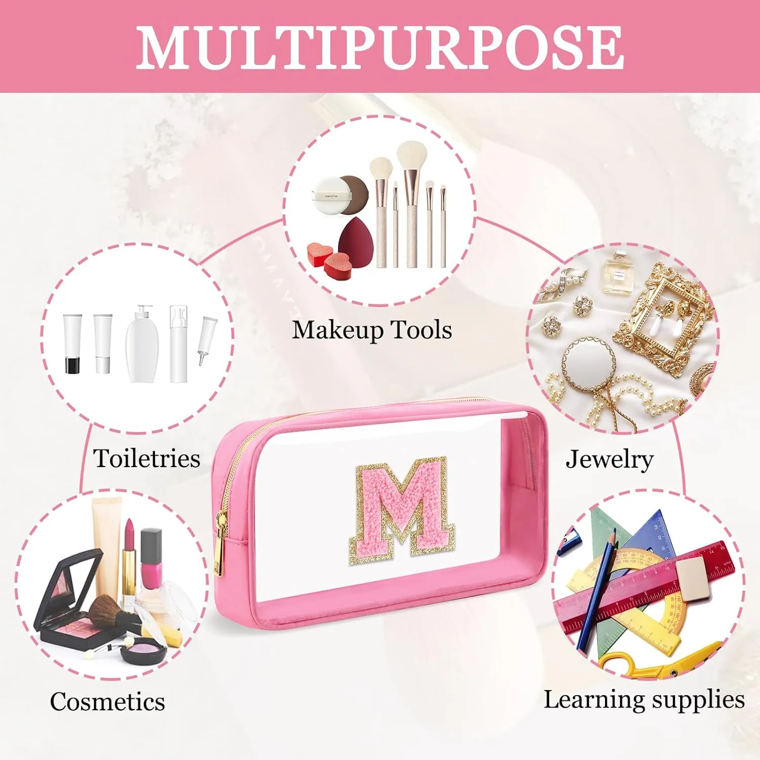 Small Clear Personalized Initial Makeup Bag,Nylon Preppy A-Z Chenille Letter Patch Cosmetic Pouch Beach Toiletry Bag,Waterproof Zipper Travel Purse Storage Bag Organizer for Women Girls(Pink-Pink M)