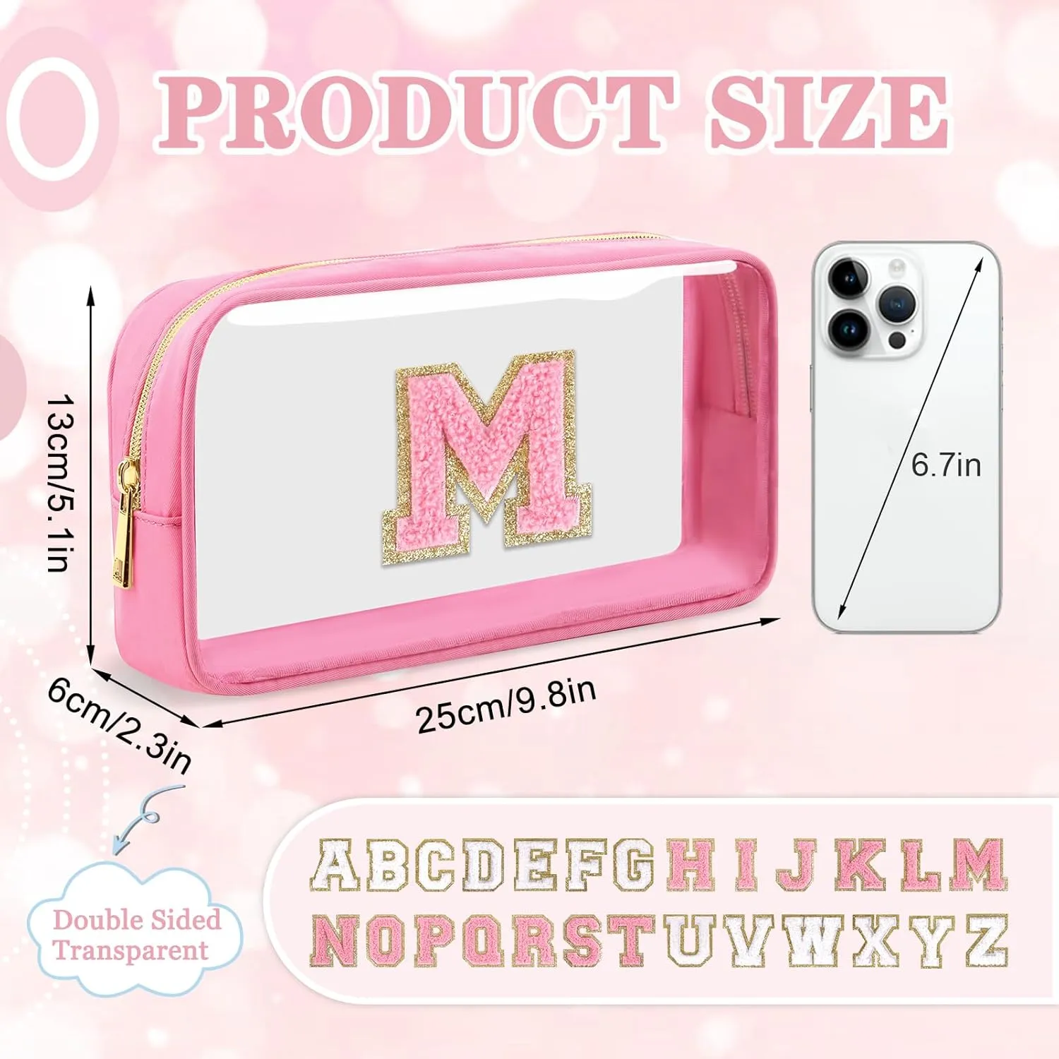 Small Clear Personalized Initial Makeup Bag,Nylon Preppy A-Z Chenille Letter Patch Cosmetic Pouch Beach Toiletry Bag,Waterproof Zipper Travel Purse Storage Bag Organizer for Women Girls(Pink-Pink M)